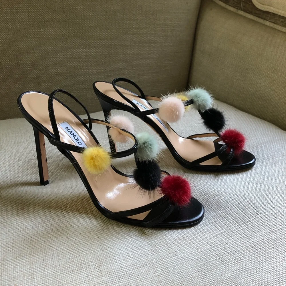 Manolo Blahnik Black Leather Slingback Heels with Multicolor Pom Poms